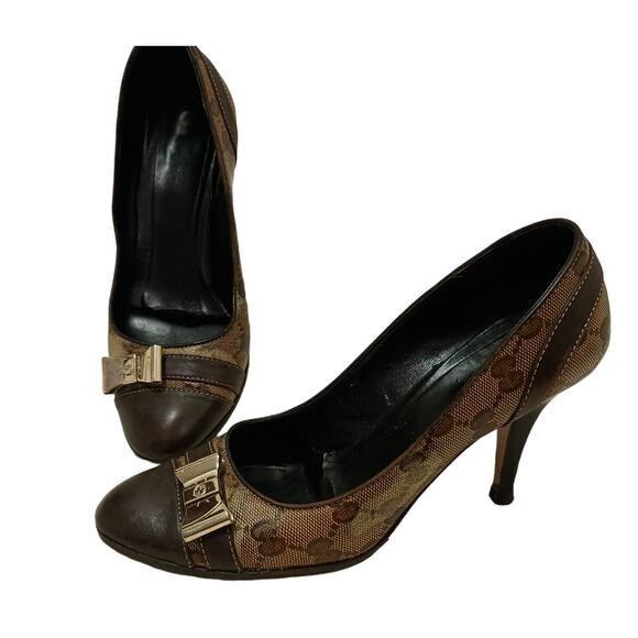 Rare Gucci GG Pumps Heels Sz 6 B BRASS GOLD BOWS Crystal Coated Canvas Classic - Picture 5 of 16